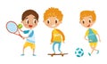 Cute Boy Skateboarding and Playing Tennis Vector Illustration Set Royalty Free Stock Photo