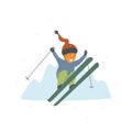 Cute boy skiing jumping high at winter mountains resort isolated vector illustration Royalty Free Stock Photo