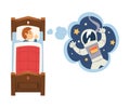 Cute Boy Sleeping in Bed and Dreaming About Astronaut in Flying in Outer Space, Kid Lying in Bed Having Sweet Dreams Royalty Free Stock Photo