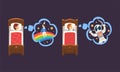 Cute Boy Sleeping in Bed Under Blanket and Dreaming About Rainbow and Cosmonaut Vector Set