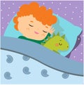 Cute boy sleeping with dino toy. Cartoon kid in bed having sweet dreams. Baby bedtime