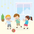 Cute boy sneezes in handkerchief. Children in kindergarten afraid of getting infected from friend. Cartoon children run from sick
