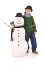 Cute boy with snowman with scarf and hat