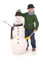 Cute boy with snowman with scarf and hat