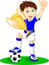 Cute boy soccer player holding gold trophy Royalty Free Stock Photo