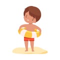 Cute Boy Standing with Inflatable Lifebuoy, Kids Summer Activities, Adorable Child Having Fun on Beach on Holidays