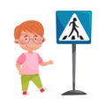 Cute Boy Standing Near Pedestrian Crossing Road Sign Vector Illustration Royalty Free Stock Photo