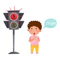 Cute Boy Standing Near Red Traffic Light as Road Sign Vector Illustration Royalty Free Stock Photo