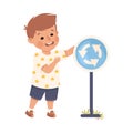 Cute Boy Standing Near Roundabout Traffic Sign on Pole Learning Rules of Road Vector Illustration