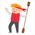 Cute boy standing with paddle and hands up. Happy kid ready for rafting or kayaking. Vector summer camp illustration. Camping