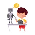 Cute Boy Standing with Tablet PC and Configurating Robot Vector Illustration Royalty Free Stock Photo