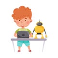 Cute Boy Standing with Tablet PC and Configurating Robot Vector Illustration Royalty Free Stock Photo
