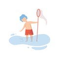 Cute Boy Standing in Water and Playing with Fishing Net, Kid Having Fun on Beach on Summer Holidays Vector Illustration Royalty Free Stock Photo