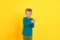 A cute boy stands on a yellow background and holds his hands palms together, dressed in a turquoise long-sleeved jacket. Royalty Free Stock Photo