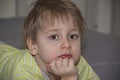 A cute boy in a striped T-shirt. Portrait of a blond boy in a natural setting. The face expresses natural emotions