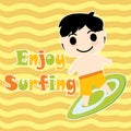 Cute Boy with surfing board cartoon, Summer postcard, wallpaper, and greeting card Royalty Free Stock Photo