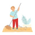 Cute boy sweeping floor with broom, helping parents with cleaning house, flat vector illustration. Kids household chores Royalty Free Stock Photo