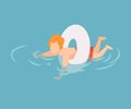 Cute Boy Swimming with Inflatable Lifebuoy, Kid Performing Summer Outdoor Water Activities at Summertime Vector