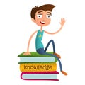 Cute boy teenager sitting on a pile of books and waving. flat style vector illustration isolated on white background. Smart kid.