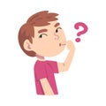 Cute Boy Thinking about Something, Kid with Question Mark Cartoon Style Vector Illustration Royalty Free Stock Photo