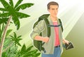 Cute boy tourist with a tablet navigator. Backpack. Against the backdrop of a beautiful landscape. Jungle, palms and