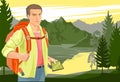 Cute boy tourist with a tablet navigator. Backpack. Against the backdrop of a beautiful landscape. Lake, mountains and