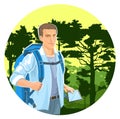 Cute boy tourist with a tablet navigator. Backpack. Against the backdrop of a beautiful landscape. Large trees and green