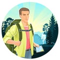 Cute boy tourist with a tablet navigator. Backpack. Against the backdrop of a beautiful landscape. Mountains and