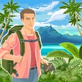 Cute boy tourist with tablet navigator. Backpack. Against backdrop of beautiful landscape. Tropical bay of sea