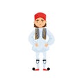 Cute boy in traditional Greek costume. Smiling kid wearing national clothes. Colorful flat vector design