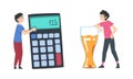 Cute boy using big calculator. Young man with big glass of beer cartoon vector illustration Royalty Free Stock Photo