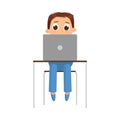 Cute Boy Using Laptop Computer at Workplace, Front View, Online Education or Courses, Kid Programmer Character Cartoon Royalty Free Stock Photo