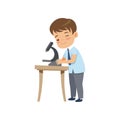 Cute boy using microscope at lesson, pupil in school uniform studying at school vector Illustration on a white Royalty Free Stock Photo