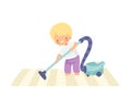 Cute Boy Vacuuming Carpet, Adorable Kid Doing Housework Chores at Home Vector Illustration Royalty Free Stock Photo