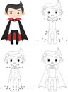 Cute boy in a vampire costume. Halloween coloring book and dot to dot game for kids