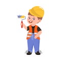 Cute Boy in Vest and Helmet Holding Paint Roller Vector Illustration Royalty Free Stock Photo