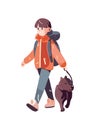 Cute boy walking with happy puppy friend