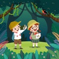 Cute boy watching bird through binoculars and the girl drawing the birds in the forest. Children have summer outdoor adventure