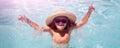 Cute boy in the water playing with water. Child boy swim in swimming pool. Smiling cute little boy in sunglasses in pool Royalty Free Stock Photo