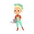 Cute Boy with Watering Can, Little Kid Farmer Character in Overalls Working in Garden Cartoon Style Vector Illustration Royalty Free Stock Photo