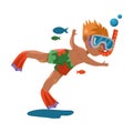 Cute Boy in Watersport Goggles Swimming Underwater Vector Illustration Royalty Free Stock Photo