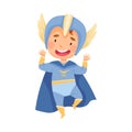 Cute Boy Wearing Cape and Helmet as Superhero Jumping Pretending Having Power for Fighting Crime Vector Illustration