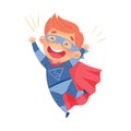 Cute Boy Wearing Cape and Mask as Superhero Jumping with Joy Pretending Having Power for Fighting Crime Vector