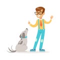 Cute boy wearing glasses teaching his dog. Colorful cartoon character vector Illustration Royalty Free Stock Photo