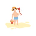 Cute Boy Wearing Hat and Shorts Standing with Bucket and Shovel, Kid Playing on Beach on Summer Holidays Vector