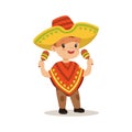 Cute boy wearing poncho and sombrero, national costume of Mexico colorful character vector Illustration