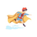 Cute Boy Wearing Superhero Costume Running, Super Child Character in Mask and Golden Cape Vector Illustration