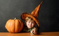 Cute boy in witch hat with Halloween jack-o-lantern. Smiling child in witch hat with Halloween pumpkin. Trick or treat