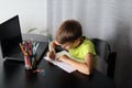 Young Boy Engaged in Homework with Laptop and Notepad Royalty Free Stock Photo