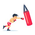Cute boy or young boxer dressed in sportswear training with punching bag isolated on white background. Boxing workout
